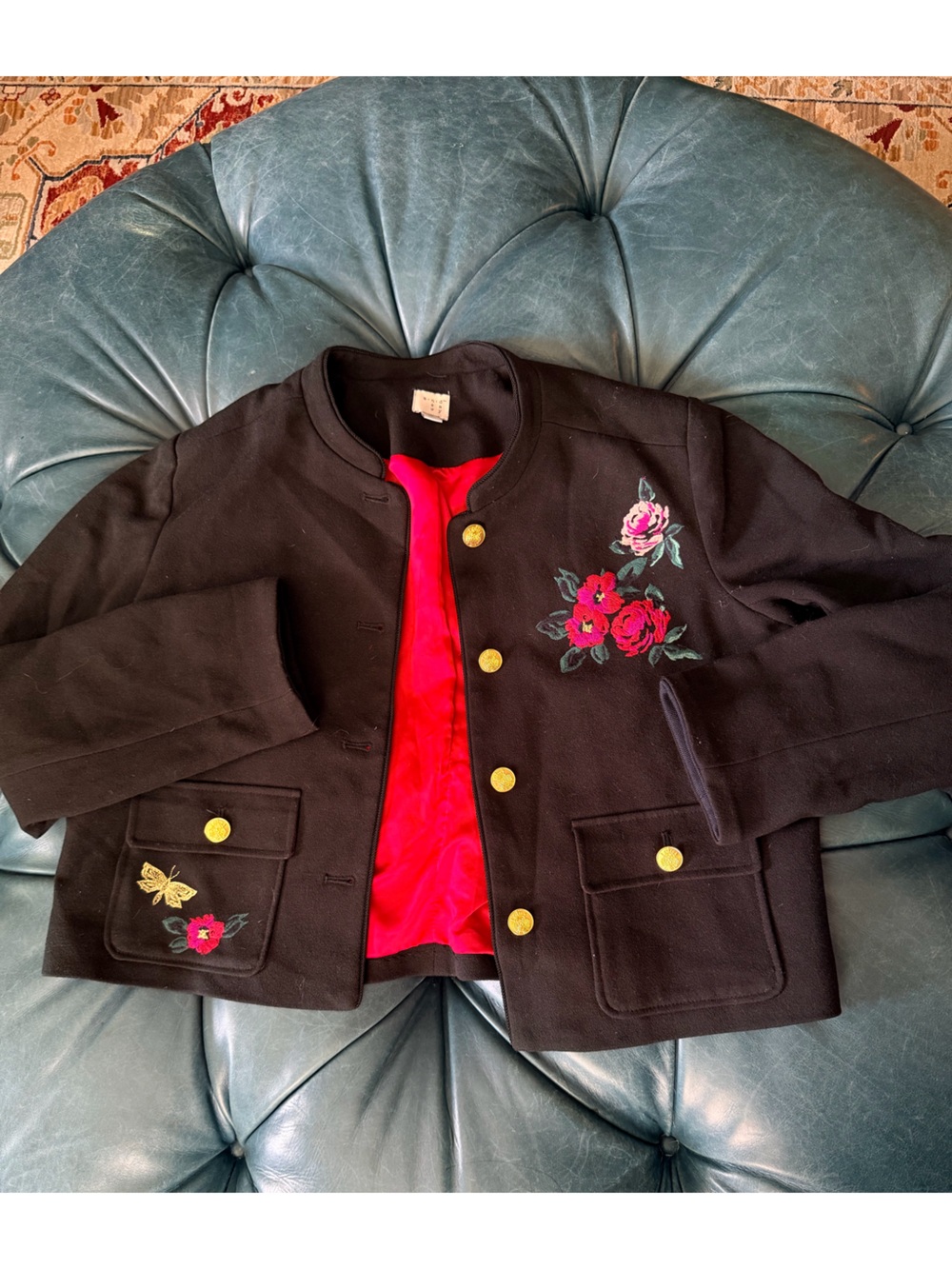 a new day Black Embroidered Blazer with Red Lining